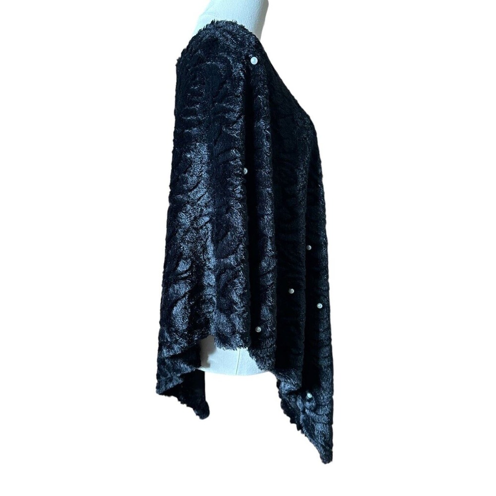 Jet Black Faux Fur Poncho Scarf White Pearls One Size Elegant Cozy Warm - Picture 7 of 9